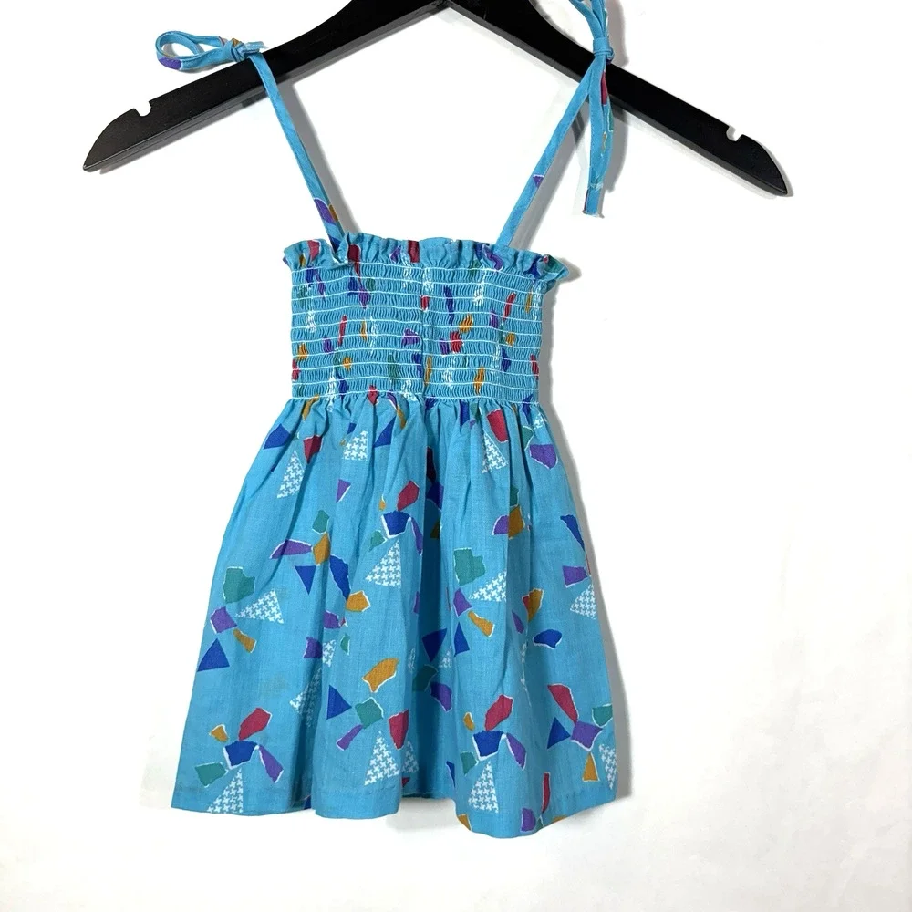 Vintage Carrots Sun Dress Girl's Summer Size 3 Blue Colorful 80s Ruched Print
